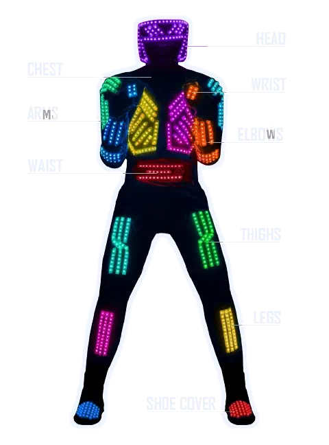 LED kostým Tron Dance Generation II svietiaci v mnohých farbách – vyznačená hlava, hrudník, ruky, pás, zápästia, lakte, stehná, nohy a návlek na topánky