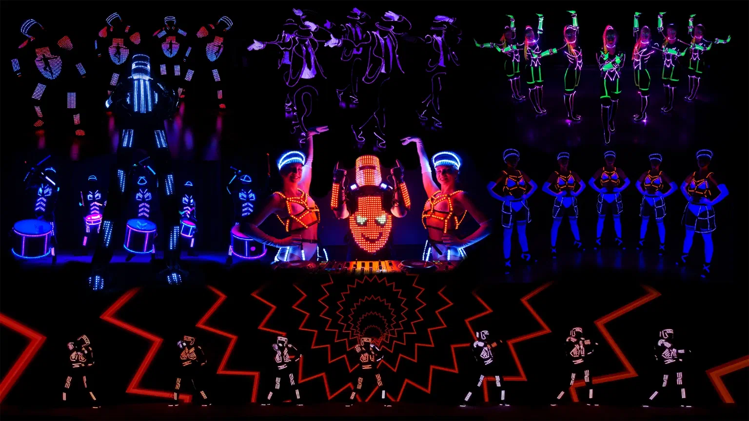 Koláž našich LED show: pixelové kostýmy, Tron Man, Tron Girls, Tron Drummers so svietiacimi bubnami, Tron DJ s LED tanečnicami a Tron Dance Gen II pred červenou cik-cak LED stenou