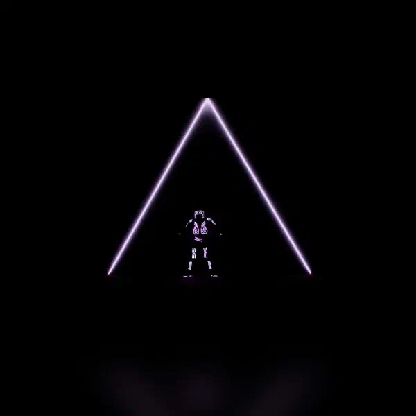 Tron Dance Gen II: a solo LED dancer standing inside a glowing violet triangle on a dark stage
